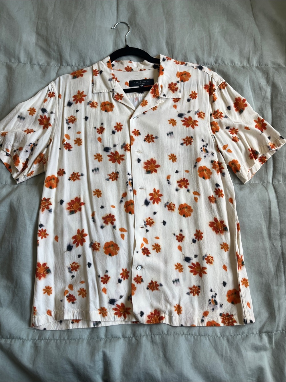 Rag & Bone men’s Button-Up Short Sleeve Shirt - White with Orange Print